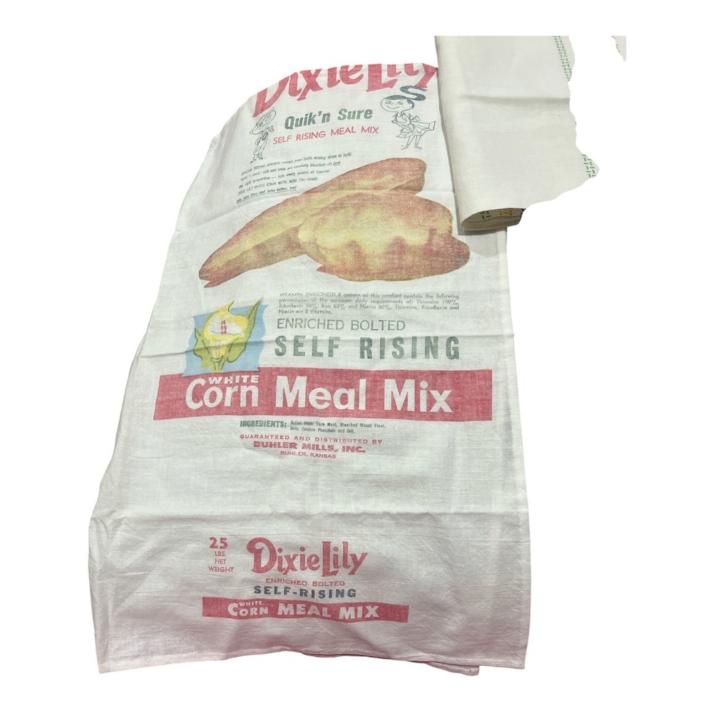 Vintage Dixie Lily White Corn Meal Mix 25 Lb Cloth Feed Sacks Buhler Mills 4 pc - Picture 3 of 3